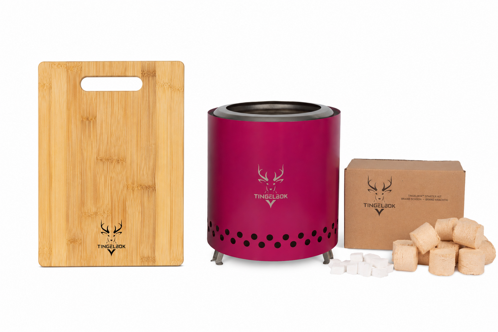 TINGELBOK® Ember Pink™ 22cm – Smokeless Firepit incl. Starterkit, Hoes & Gratis Snijplank