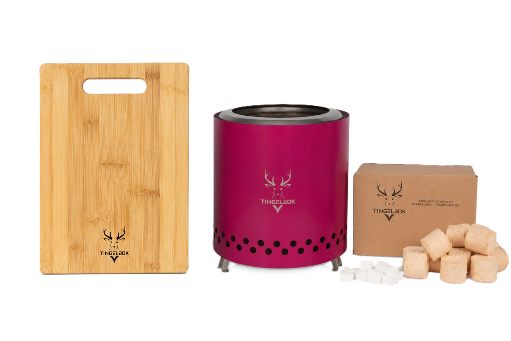 TINGELBOK® Ember Pink™ 22cm – Smokeless Firepit incl. Starterkit, Hoes & Gratis Snijplank