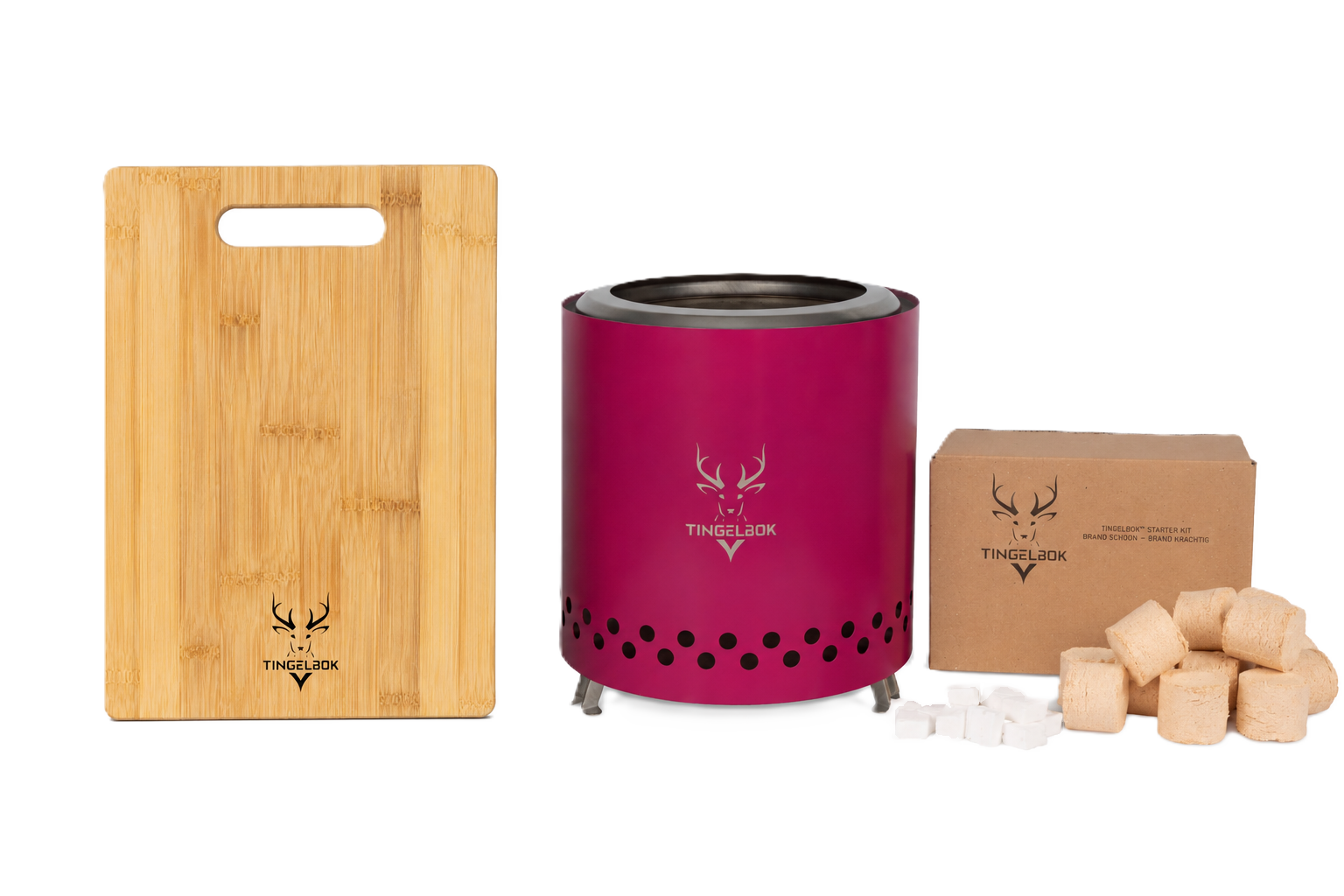 TINGELBOK® Ember Pink™ 22cm – Smokeless Firepit incl. Starterkit, Hoes & Gratis Snijplank