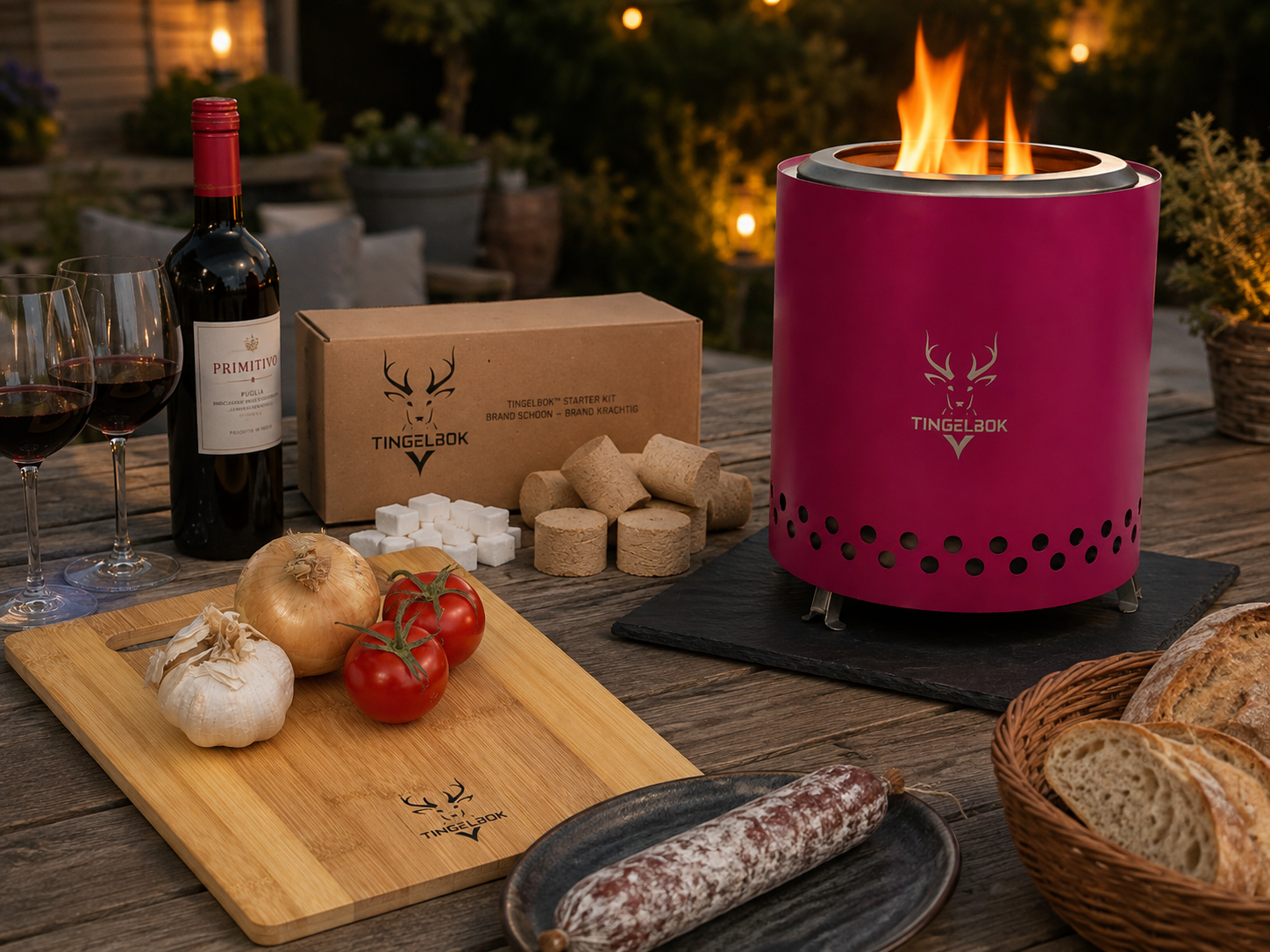 TINGELBOK® Ember Pink™ 22cm – Smokeless Firepit incl. Starterkit, Hoes & Gratis Snijplank